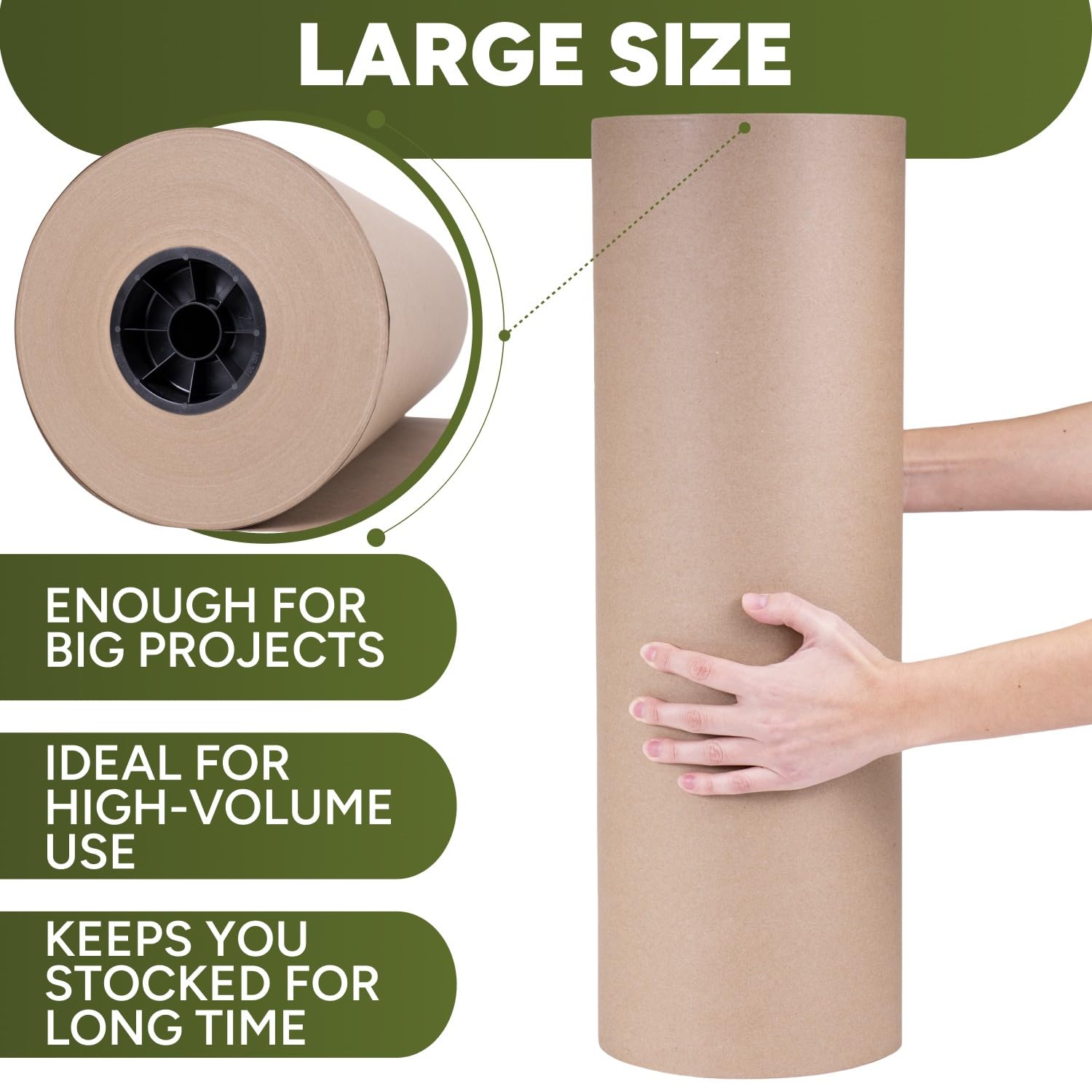 Rollo de papel kraft marrón natural de 24 x 14400 pulgadas (1200 pies), grado estándar de 30 libras, fabricado en Estados Unidos, rollo grande de papel de regalo marrón, núcleo de 3 pulgadas