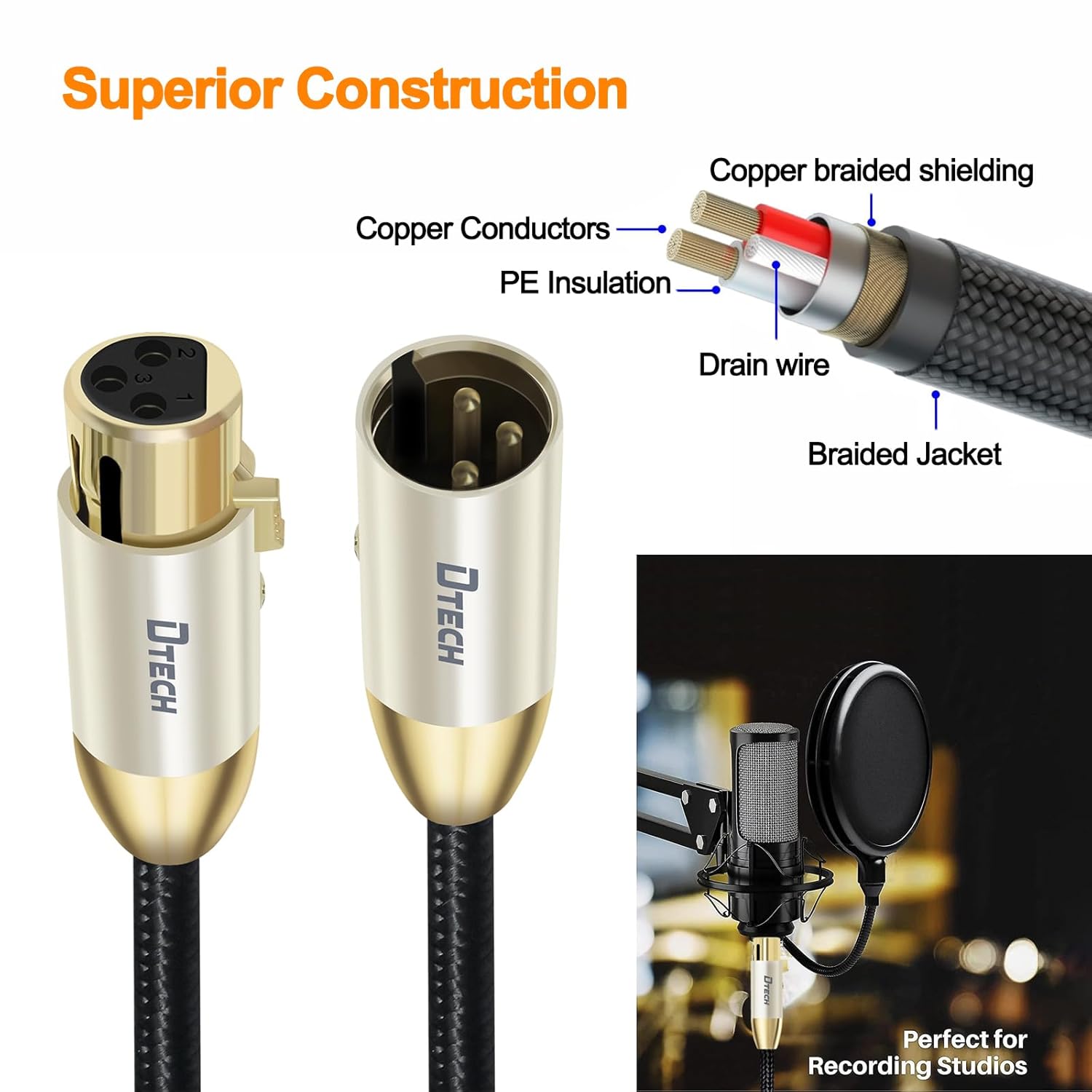 DTECH 3m XLR to XLR Microphone Cable Male to Female Balanced Audio Mic Cord for PA Speaker System Standard 3 Pin Gold Plated Connectors Nylon Braided Instrument Wire, 3 Meter 10 Feet Approx, Black