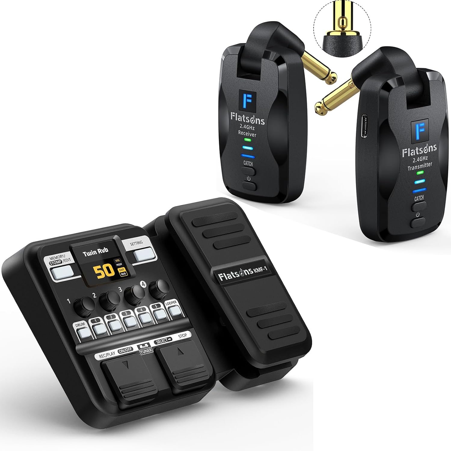 FW2D Wireless Guitar System Exclusive Mute Plug, KMF-1 Multi Effects Guitar Pedal 18 Amp/Cab