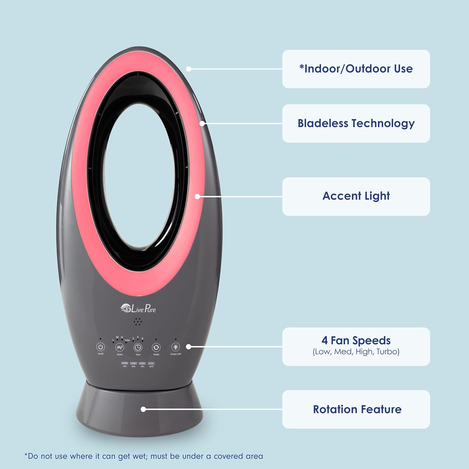 LivePure LP1780 Bladeless Rechargeable Fan with Remote, Sleep Timer, Accent Light. Premium Portable Fan for Bedroom, Garage, Outdoors. Black