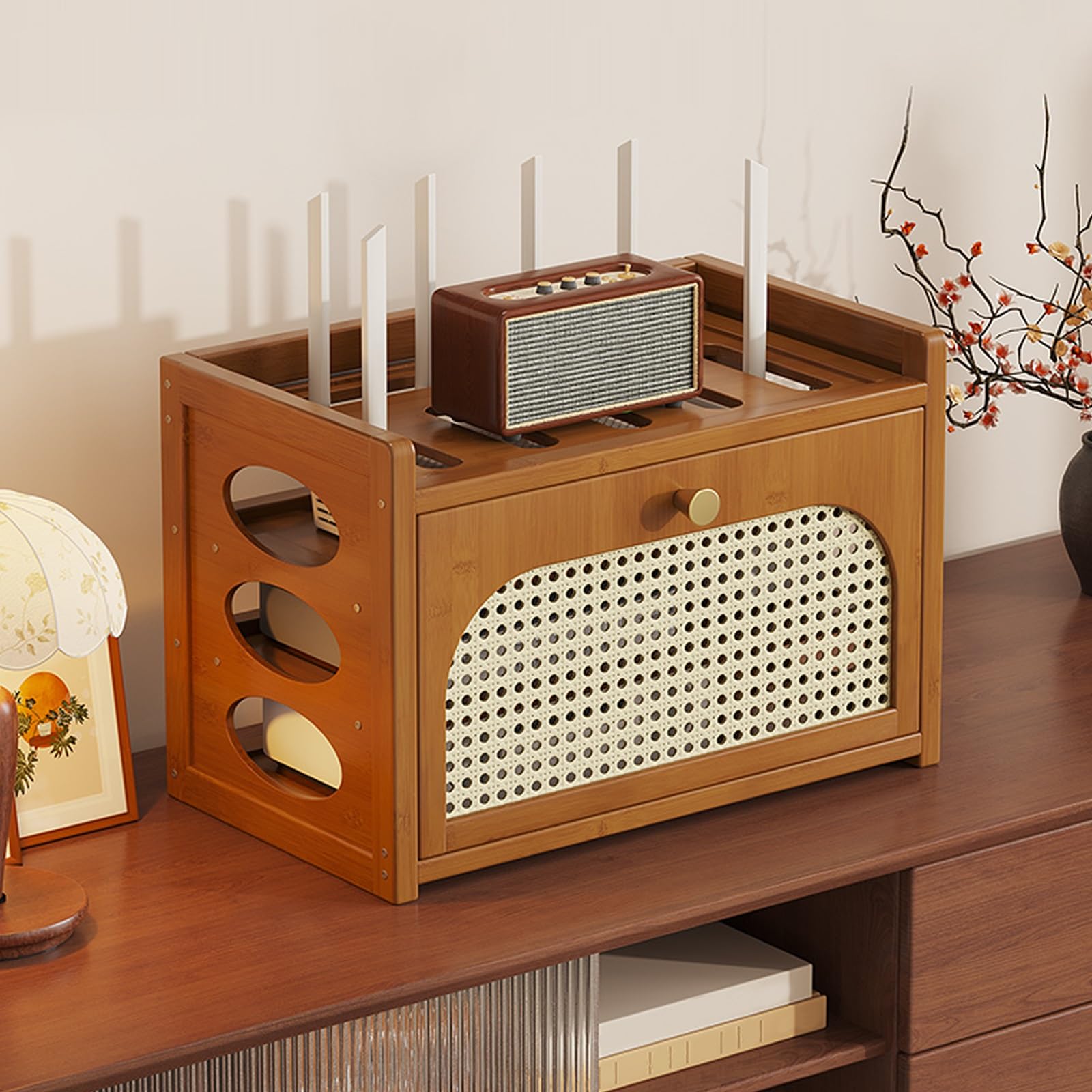 Gabinete de bambú del router con estante ajustable para organización WiFi