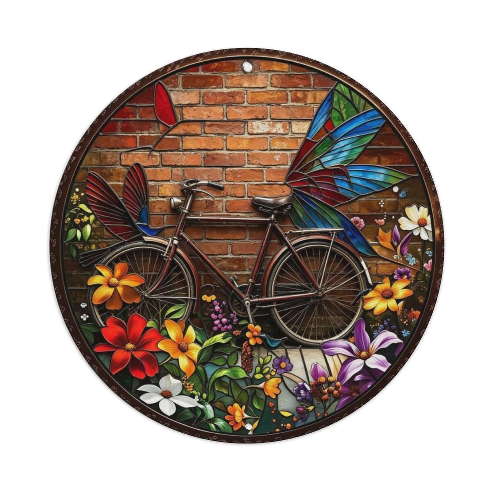 Vintage Bicycle Brick Wall with Flowers Stained Glass Metal Tin Sign Plaque
