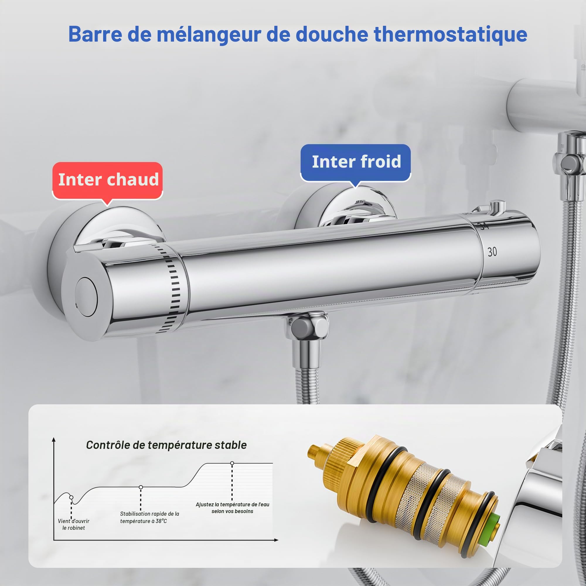 MORADO Colonne de douche avec mitigeur thermostatique,Système de Douche avec Thermostat,Douche à effet pluie de forme ronde et douche à main,Hauteur 95cm,Chrome