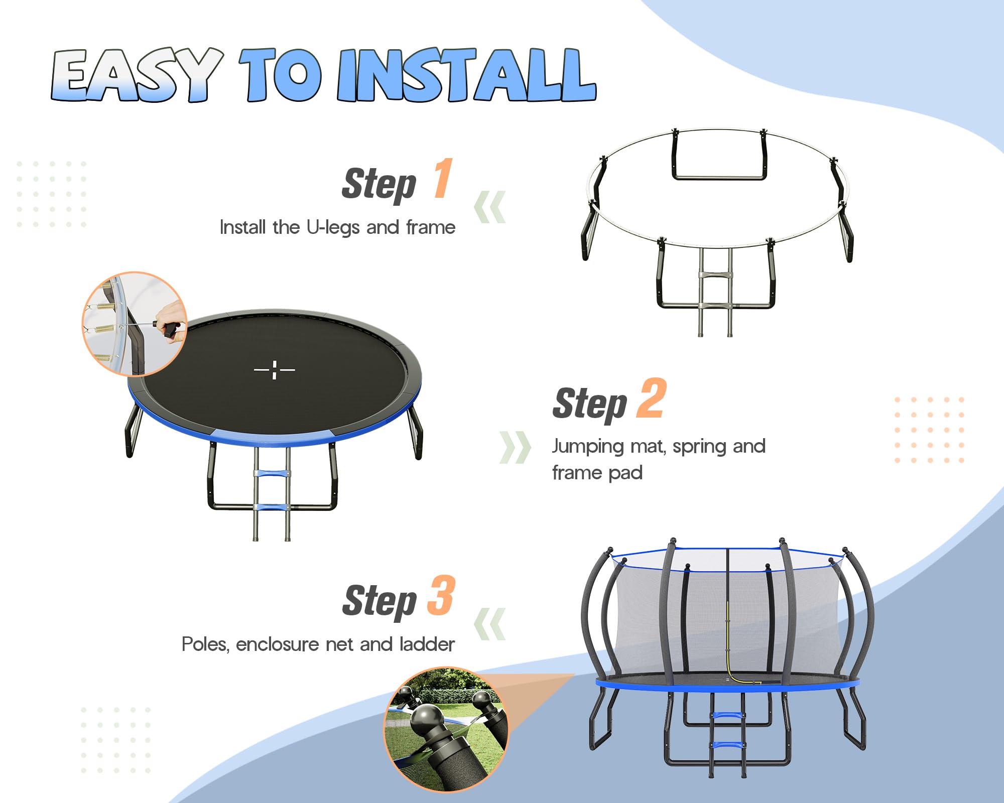 YUMPIE Cama elástica para exteriores de 8 pies, 10 pies, 12 pies, 14 pies, 15 pies, 16 pies, con red de cierre y escalera, trampolines recreativos para niños y adultos, marco de conexión rápida