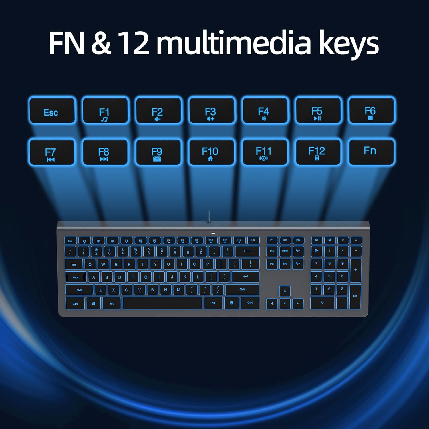 Backlit Wired USB Keyboard, Comfortable Quiet, Low Profile Flat Chocolate/Scissor Keys, Durable Ultra-Slim for Windows 11/10 / 8/7 / Vista Desktop PC, Laptop - Black Grey