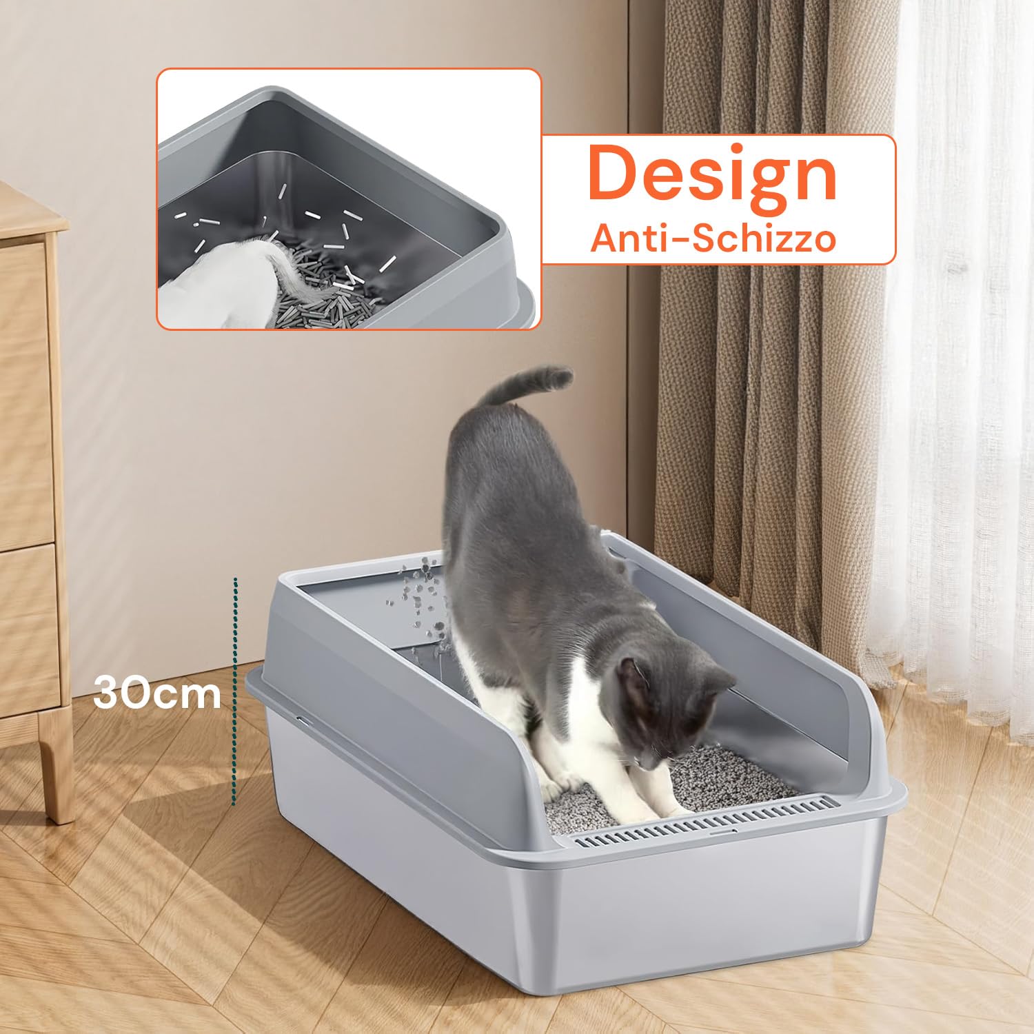Avilia Lettiera per Gatti in Acciaio Inox Grande (60x40x30 cm) con Bordo Rialzato Anti-Schizzo - Igienica, Anti-Odore e Facile da Pulire - Include Paletta in Metallo - Vaschetta per Gatti e Cuccioli