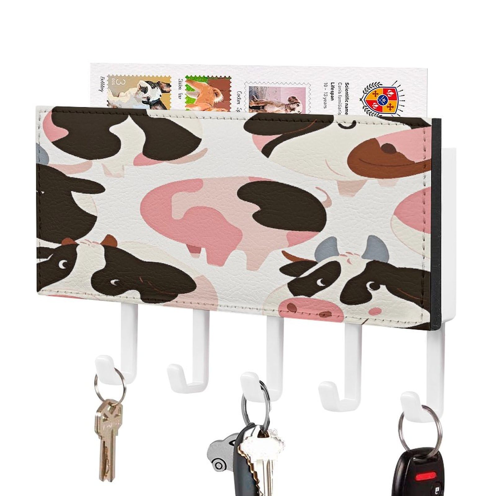 FekiLoot Cow Pattern Key Holder Wall Mount Key Hanger with 5 Hooks Decorative Key Rack Hanging Key Hooks with Mail Organizer Key Holder for Wall Living Room Kitchen Bathroom Hallway White
