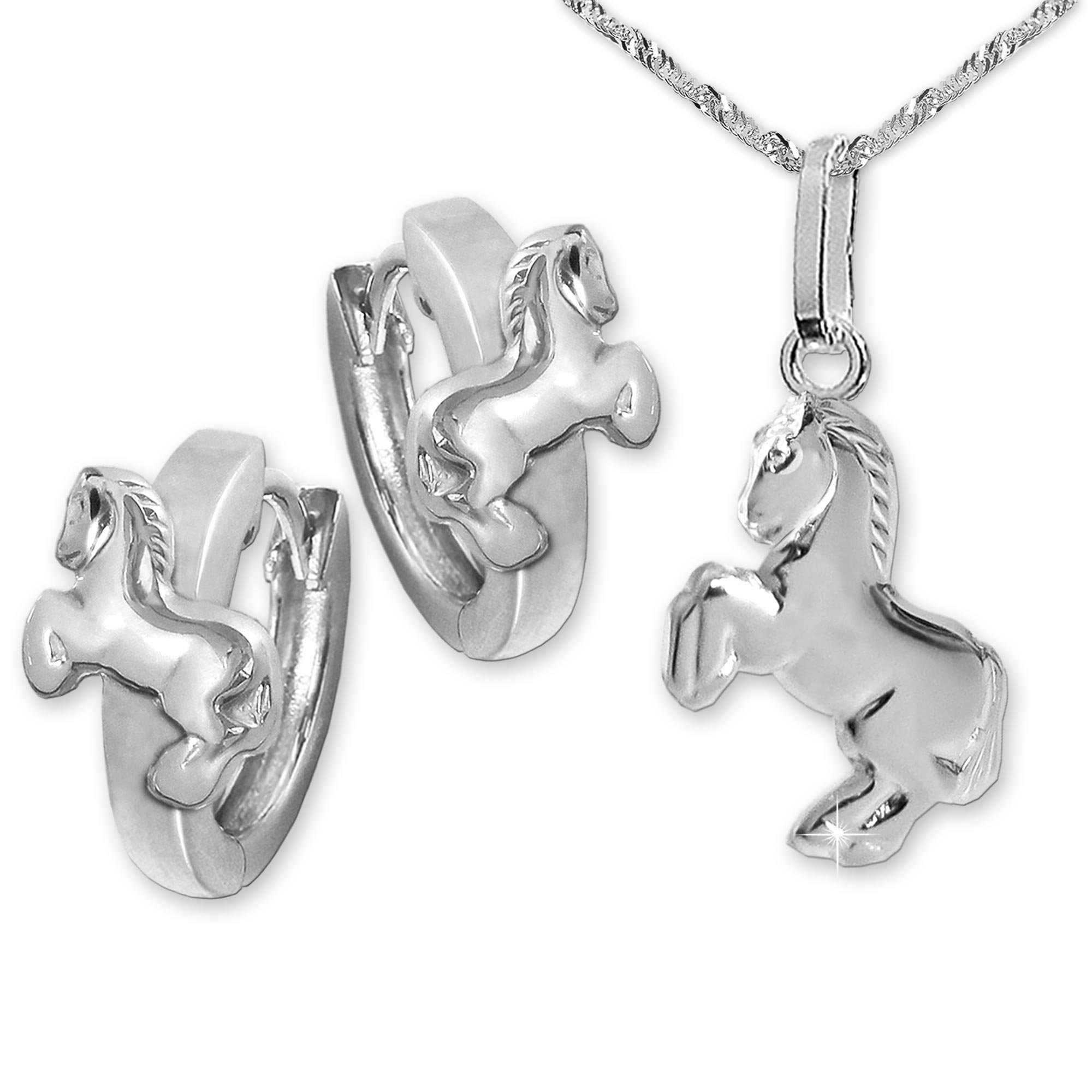 CLEVER SCHMUCKSet Mädchen Creolen Pferd springend 12 mm glänzend & passender Anhänger & Kette Singapur 40 cm STERLING SILBER 925 für Kinder im Etui rosa