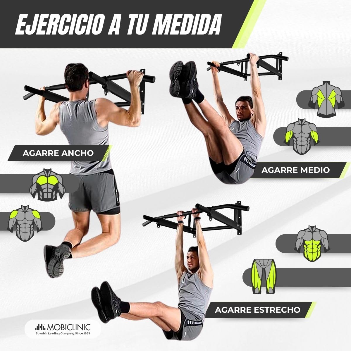 Mobiclinic®, Barra dominadas, Kit de anclaje incluido, Apto para saco boxeo, Asas antideslizantes, Pared, Hasta 250 kg, Multifuncional, Calistenia, Gimnasio en casa, K2