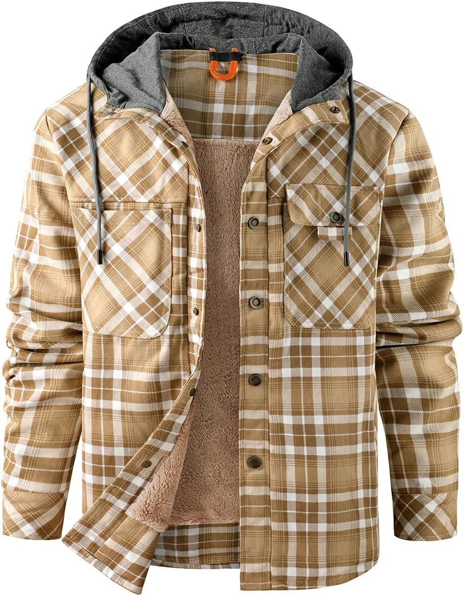 Men's Cotton Plaid Long Sleeve Sherpa Flannel Jackets with Hood