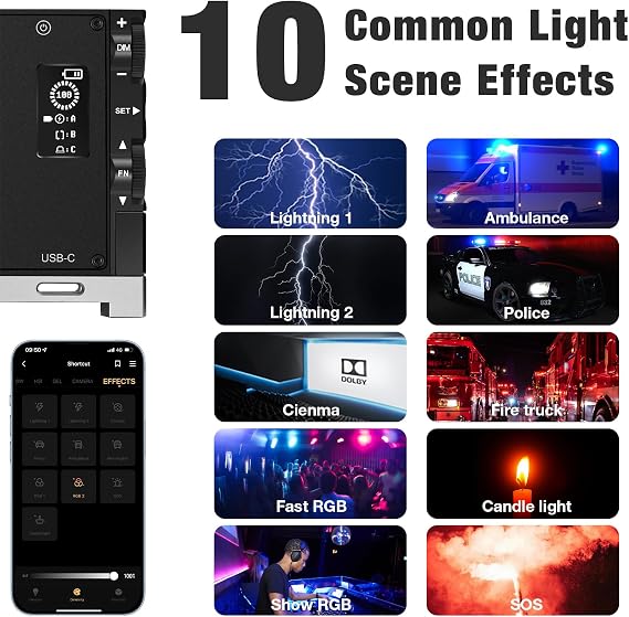 Pixel G1s RGB Video Light with APP Control, 12W 210 Minutes Rechargeable Battery LED Camera Light, 10 Common Lighting Effects, CRI97 2500-8500K LED Video Light with Aluminum Alloy Body