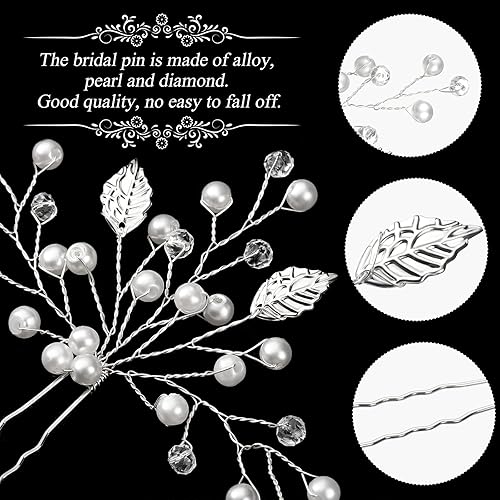 Miniatura 3 de 8 piezas de perlas de novia de boda, horquillas de pelo de hoja de novia, horquillas de pelo de dama de honor, accesorios para el cabello de boda