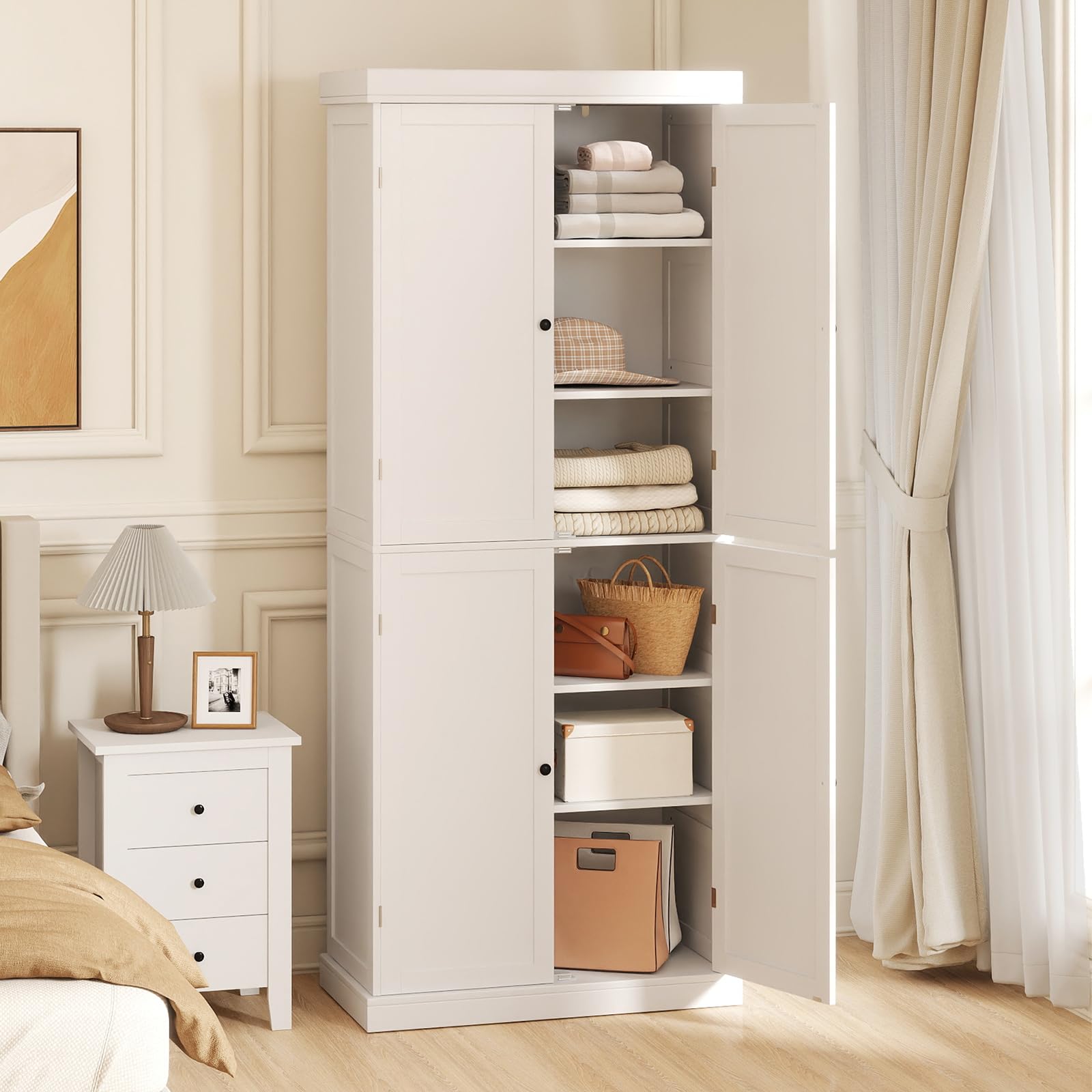 COSTWAY 6 stöckiger Garderobenschrank, Kleiderschrank mit 4 Türen & verstellbaren Regalen, Mehrzweckschrank Küchenschrank, Hochschrank für Badezimmer, Esszimmer, Büro, 76 x 40 x 184,5 cm, Weiß