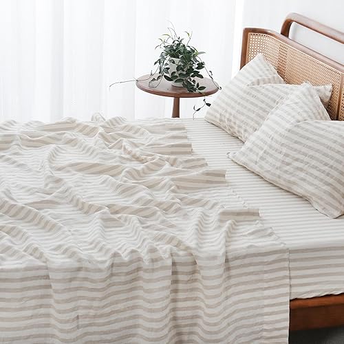 Miniatura 3 de S VICTORY SYMBOL Sábana encimera 100 % de lino, 1 pieza, 108 x 102 pulgadas, lino francés lavado a piedra beige a rayas, tamaño King, sábana