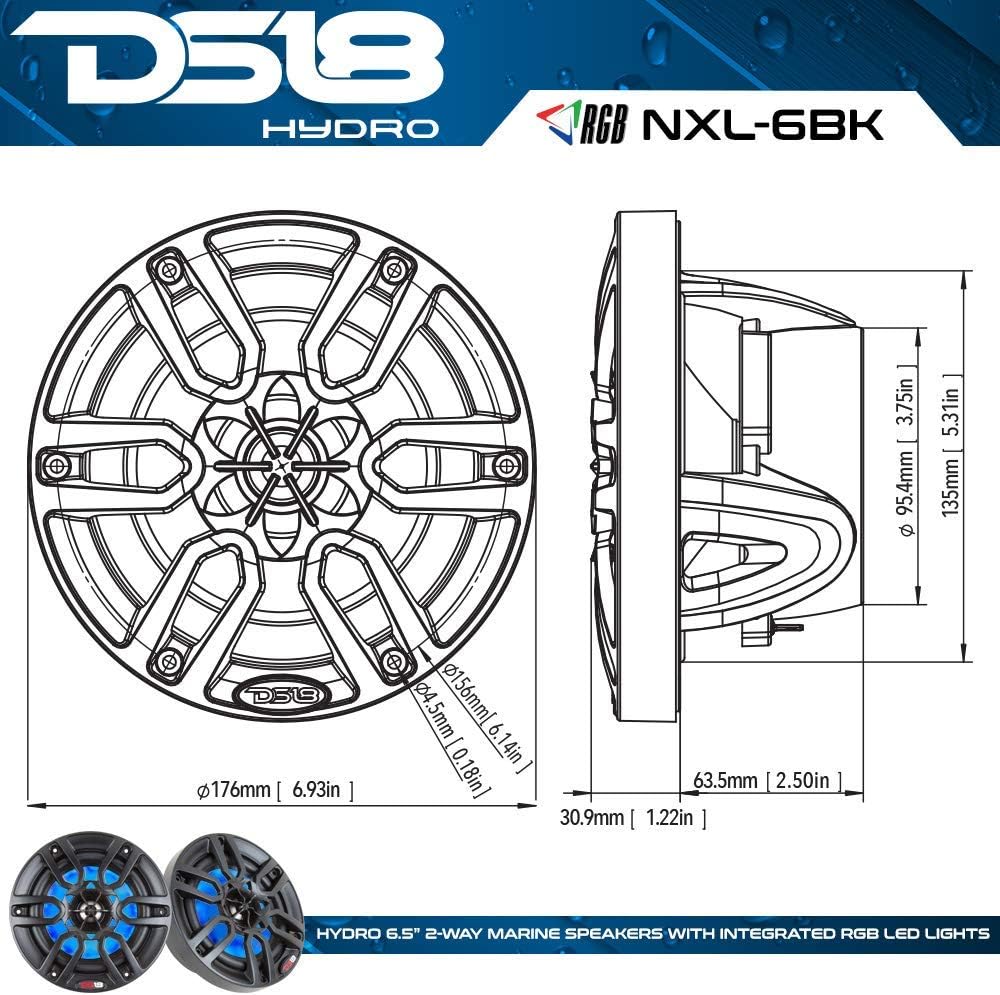 DS18 Hydro NXL-6 - High End Coaxial Speaker Pair - 2-Way Marine Speaker w/Integrated RGB Lights - 300 Watt - 100% UV Stable - Water Resistant Speakers - 6.5 Inches, White