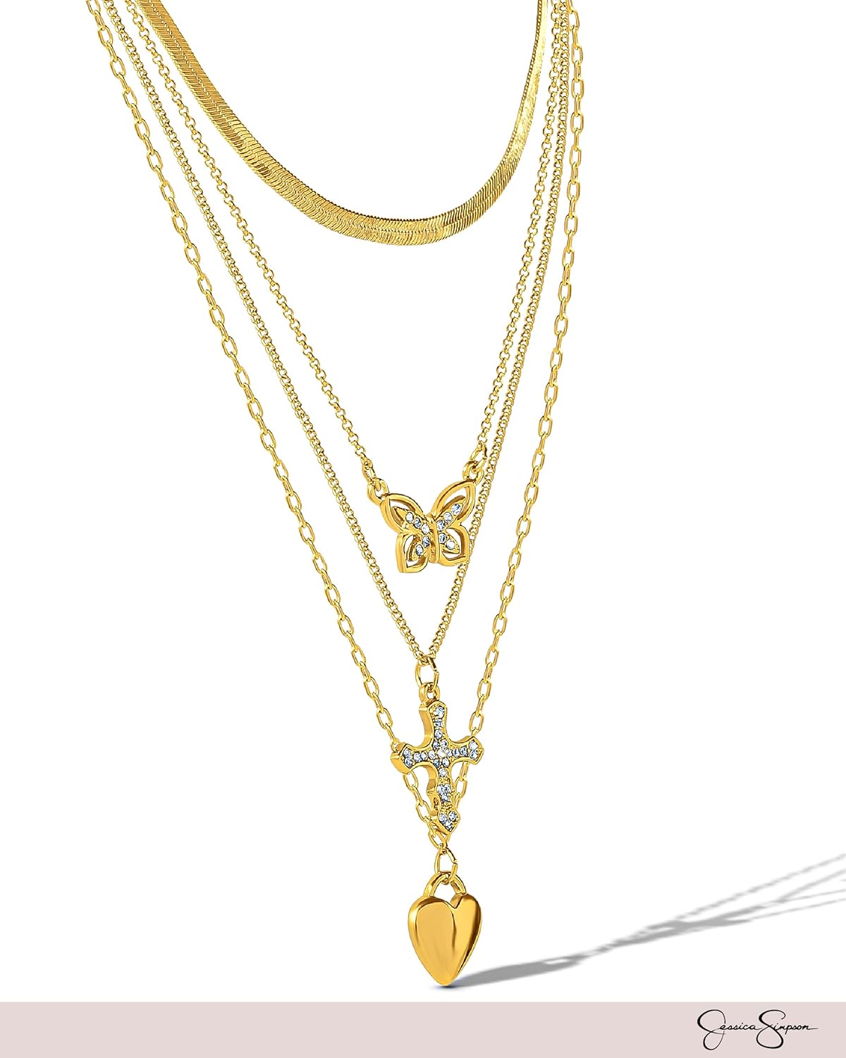 Jessica Simpson Multilayer Charm Necklace for Women 14-20"+3", Gold-Tone Layered Necklace with Butterfly, Cross & Heart Charm - Image 5