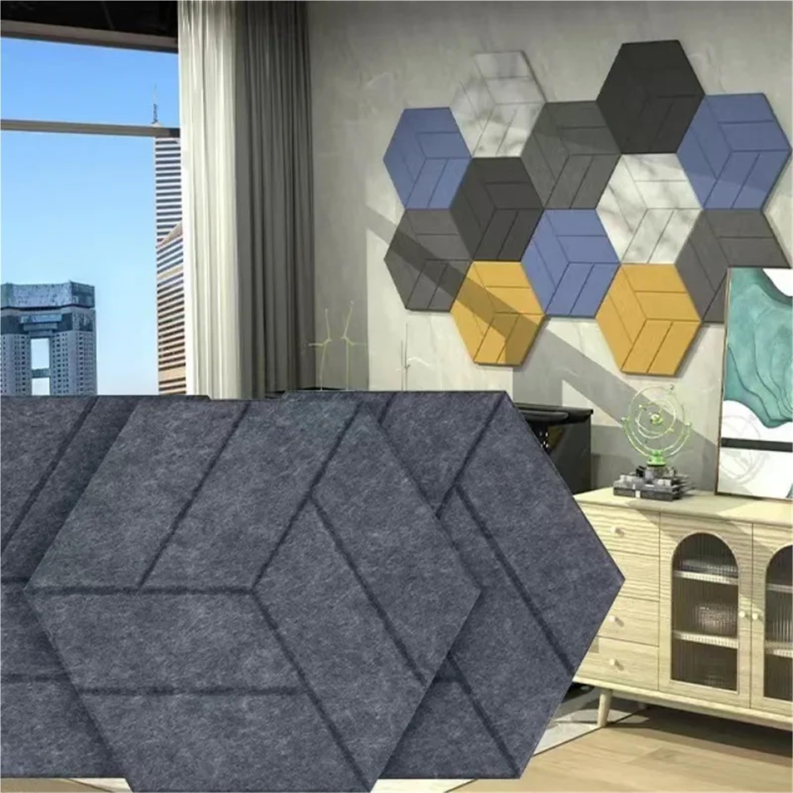 Pannelli Acustici Esagonali Adesivi murali in feltro fonoassorbenti autoadesivi for assorbire il rumore di fondo e decorare(Dark gray,4 PCS)