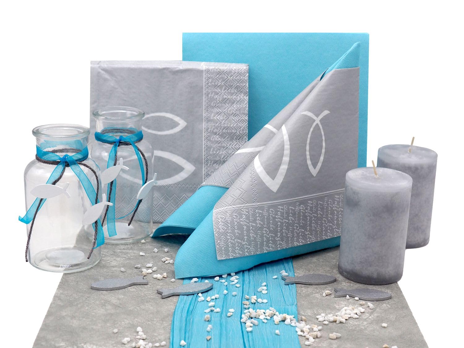 ZauberDeko Tischdeko Kommunion Konfirmation Türkis Blau Silber Grau Weiß Fisch Set 20 Personen