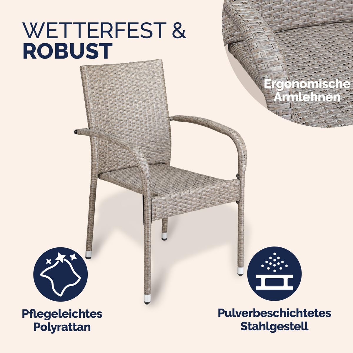 Casaria® Gartenstühle 4er Set Stapelbar Wetterfest Polyrattan Outdoor 160kg Garten Terrasse Balkon Stuhl mit Armlehne Gartensessel Stapelstühle Creme