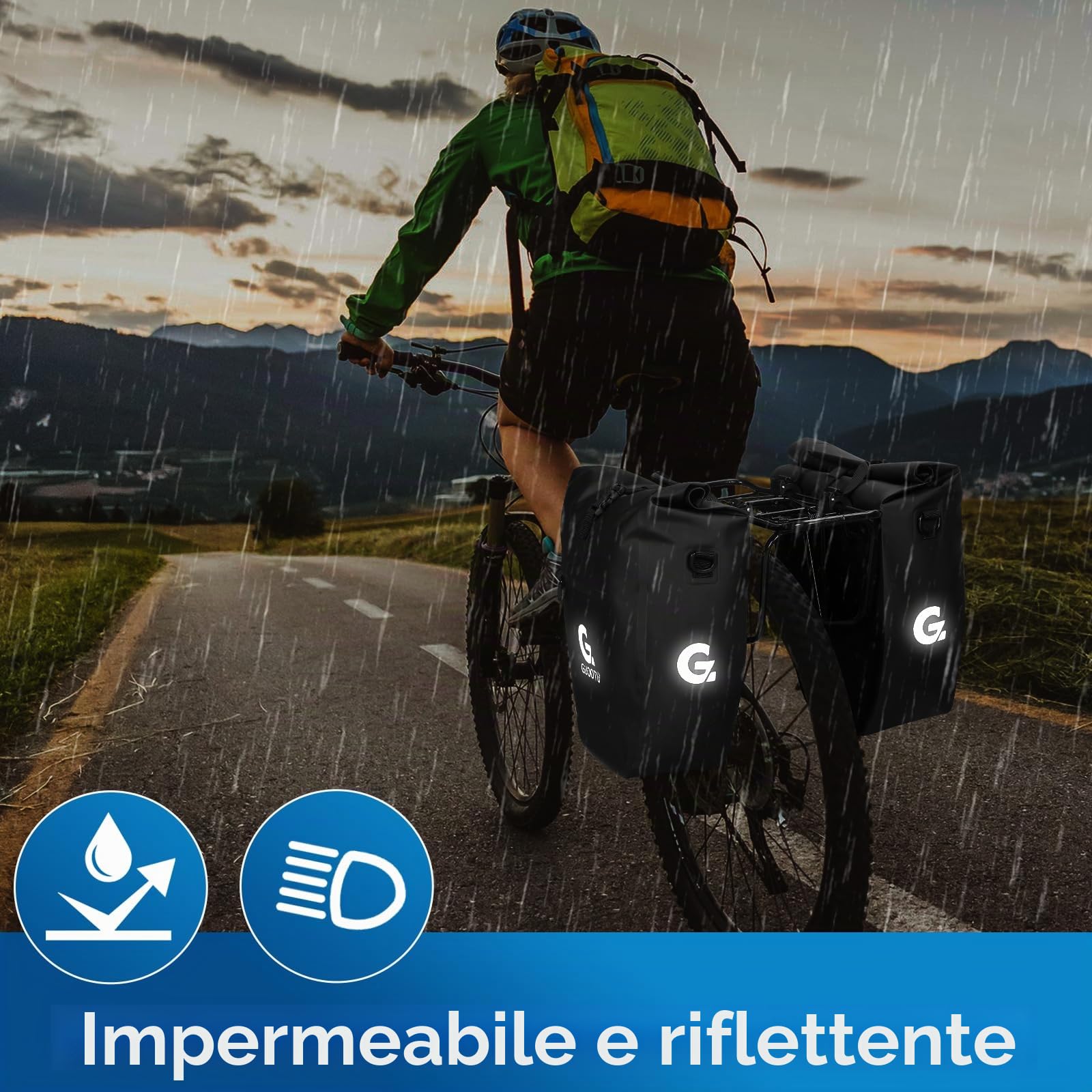 GUOOTU Set di 2 borse da bicicletta per portapacchi da 48 l, in Tarpaulin posteriore, con riflettori, con maniglia e tracolla (nero, 24 l, set da 2)