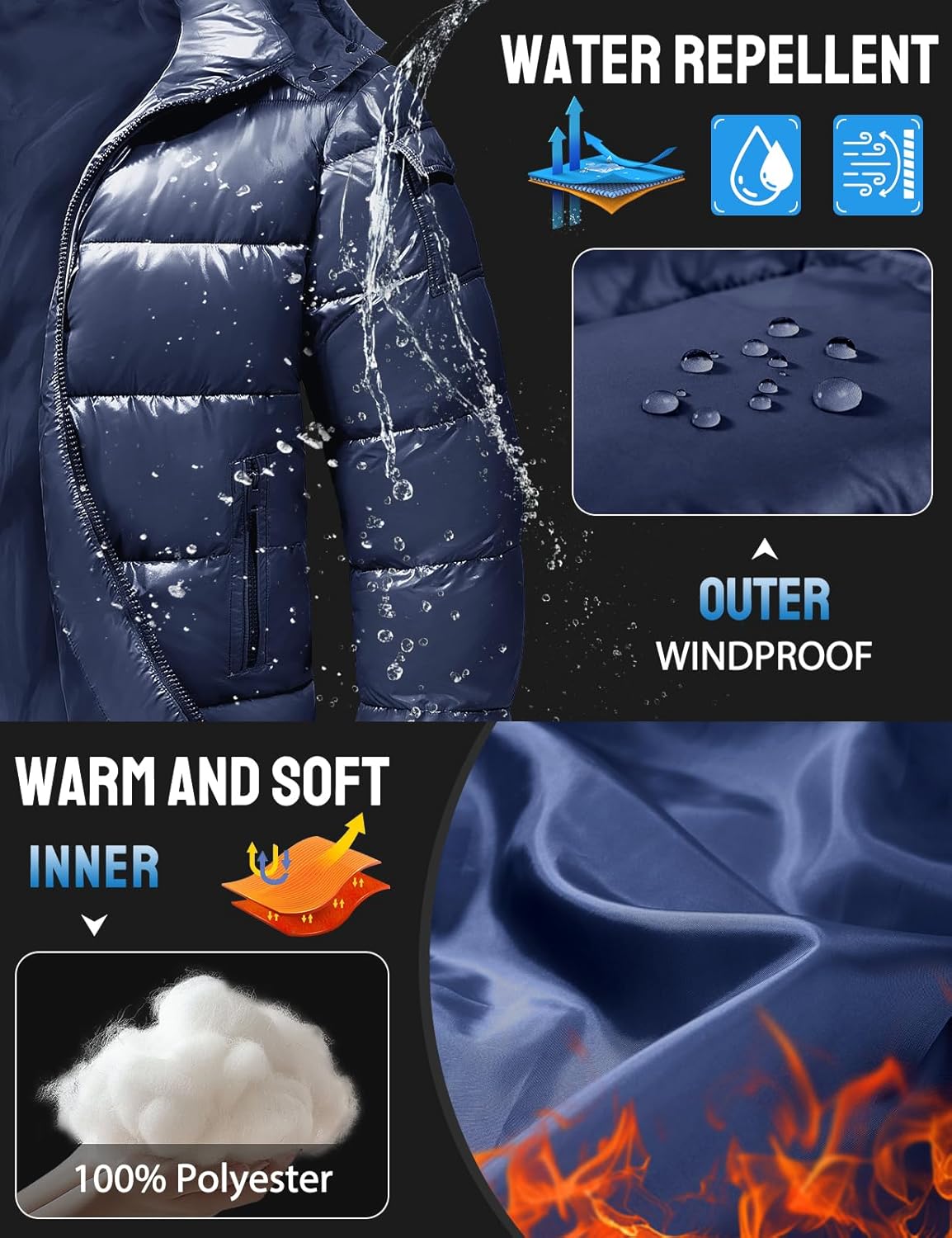 Uikue Men's Winter Puffer Jacket - Waterproof Shiny Quilted Coat Warm Thicken Ski Parka Insulated Outerwear with Hood - Image 4