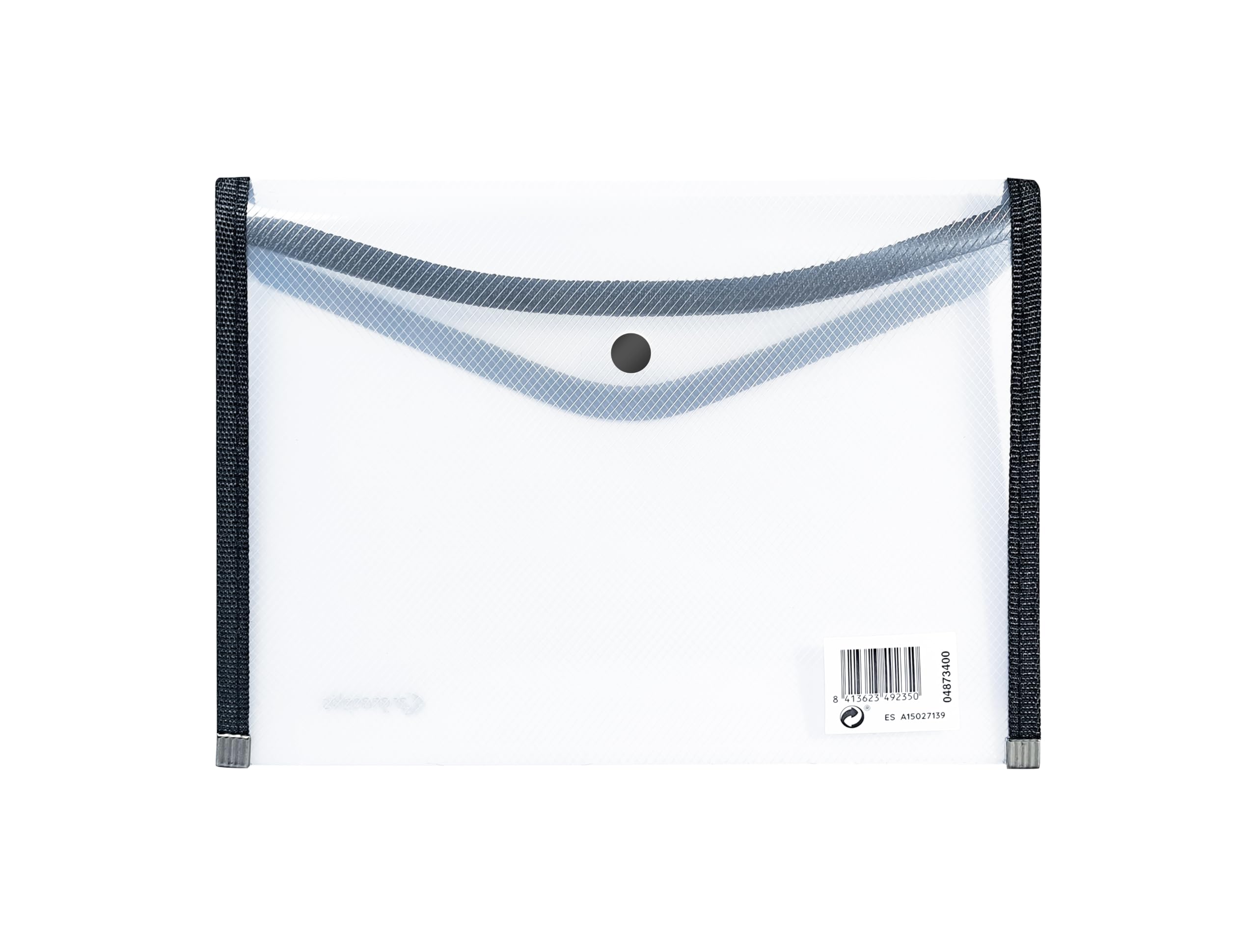 Grafoplas - 4 Sobres Portafolios Plastico Tamaño Cuarto con Cierre Botón, Ribete Tela, 24,5x17,5cm, Incoloro Traslúcido Borde Negro, Para Documentos Pequeños A5, Perfecto como Portafolios en Oficina