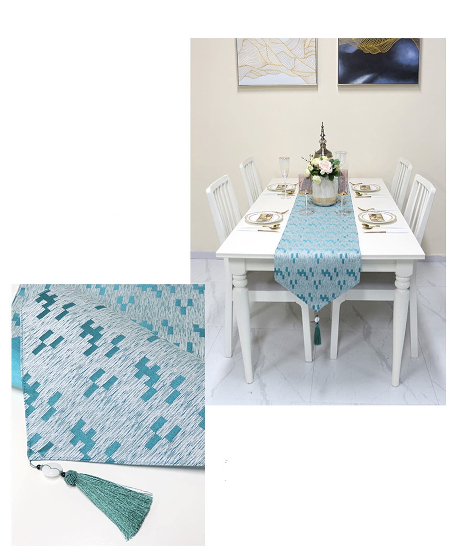 Epinki Tischläufer Wohnzimmer, Baumwolle Tischläufer Fleckschutz Quaste Dreieck Geometrisch Muster, Tisch Läufer für Picknick Party Küche Hochzeit (Grün, 35x183 cm)