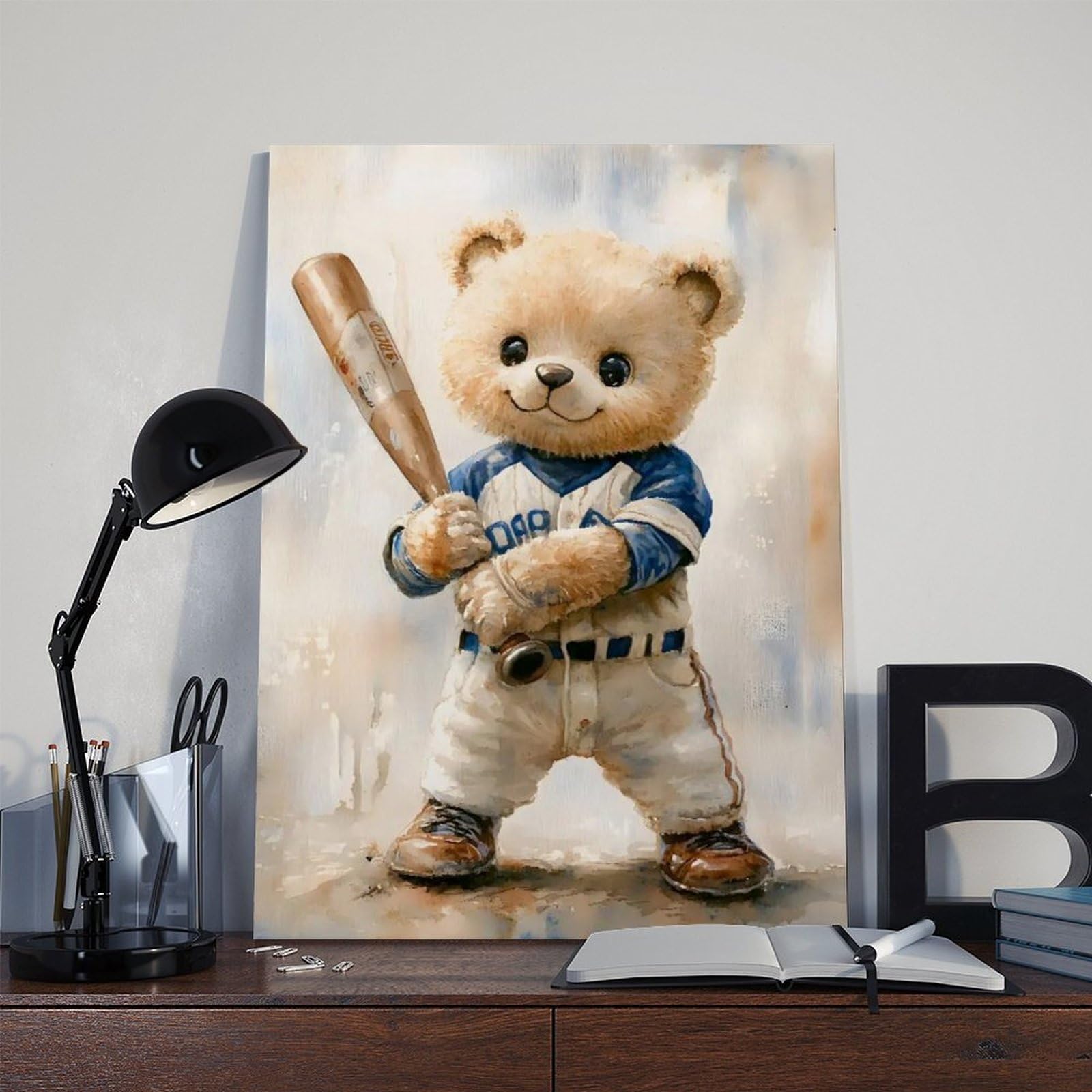 Leinwandposter mit Teddybär-Baseballspieler, Schlafzimmerdekoration, Landschaft, Büro, Raumdekoration, Geschenk, 61 x 91,4 cm (L x B)