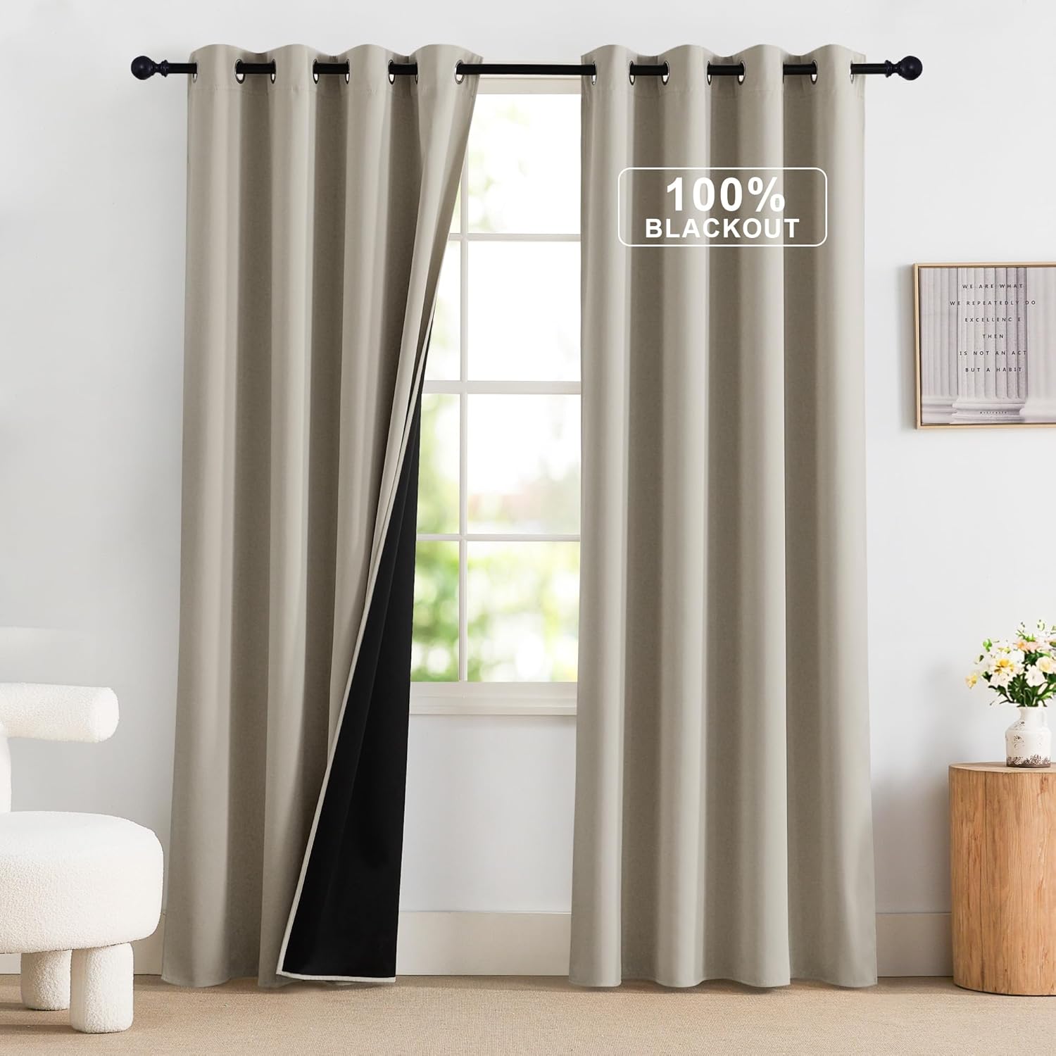 NICETOWN 100% Blackout Curtains 52 x 84 inches Long, Farmhouse Curtains Set of 2 Panels Thermal Insulated Privacy Window Curtains for Bedroom Living Room 52"W x 84"L (Pack of 2) Natural