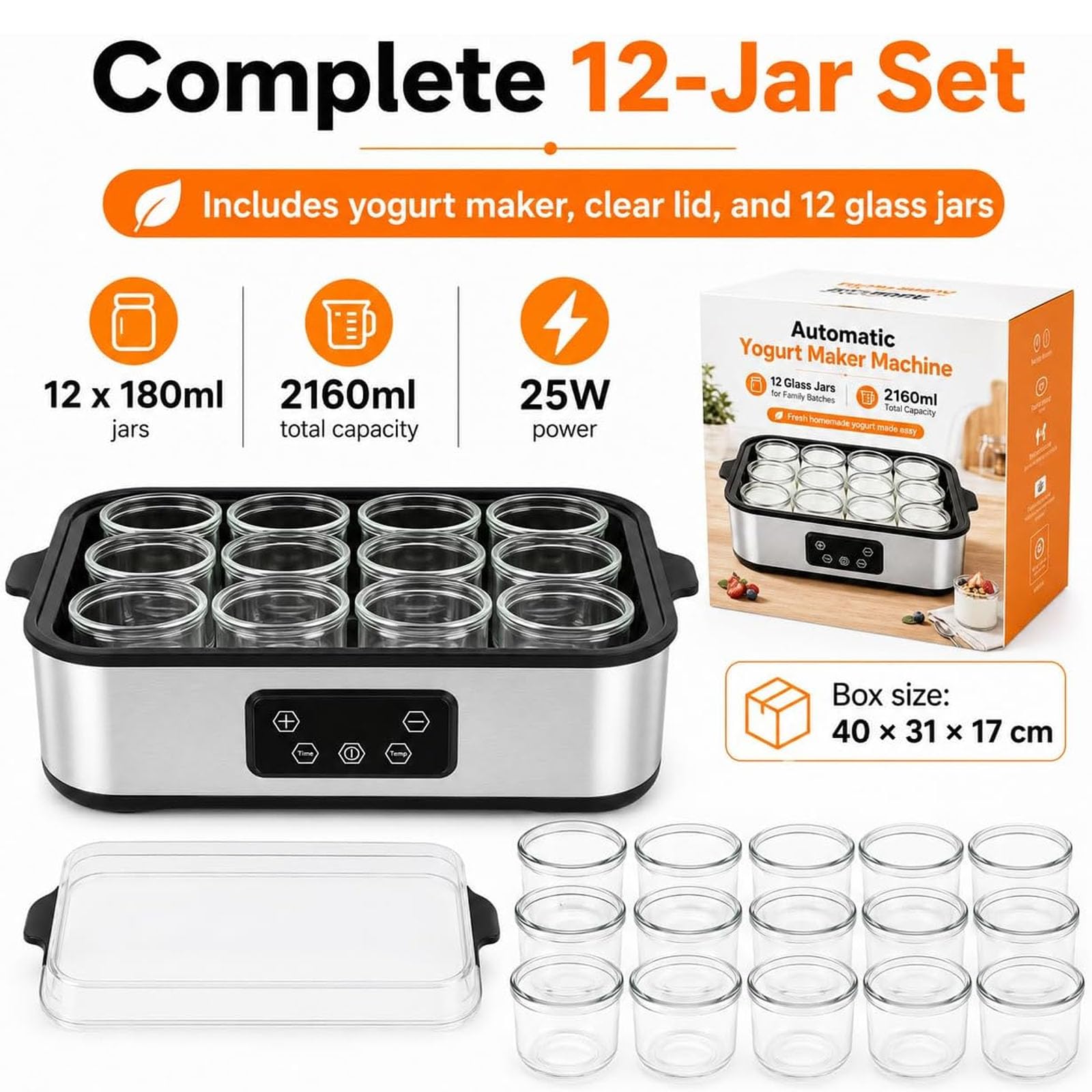 Yaourtière 12 x 180 ml, machine à yaourt avec contrôle réglable du temps et de la température sur 48 heures, arrêt automatique et température constante, pour dessert grec fait maison