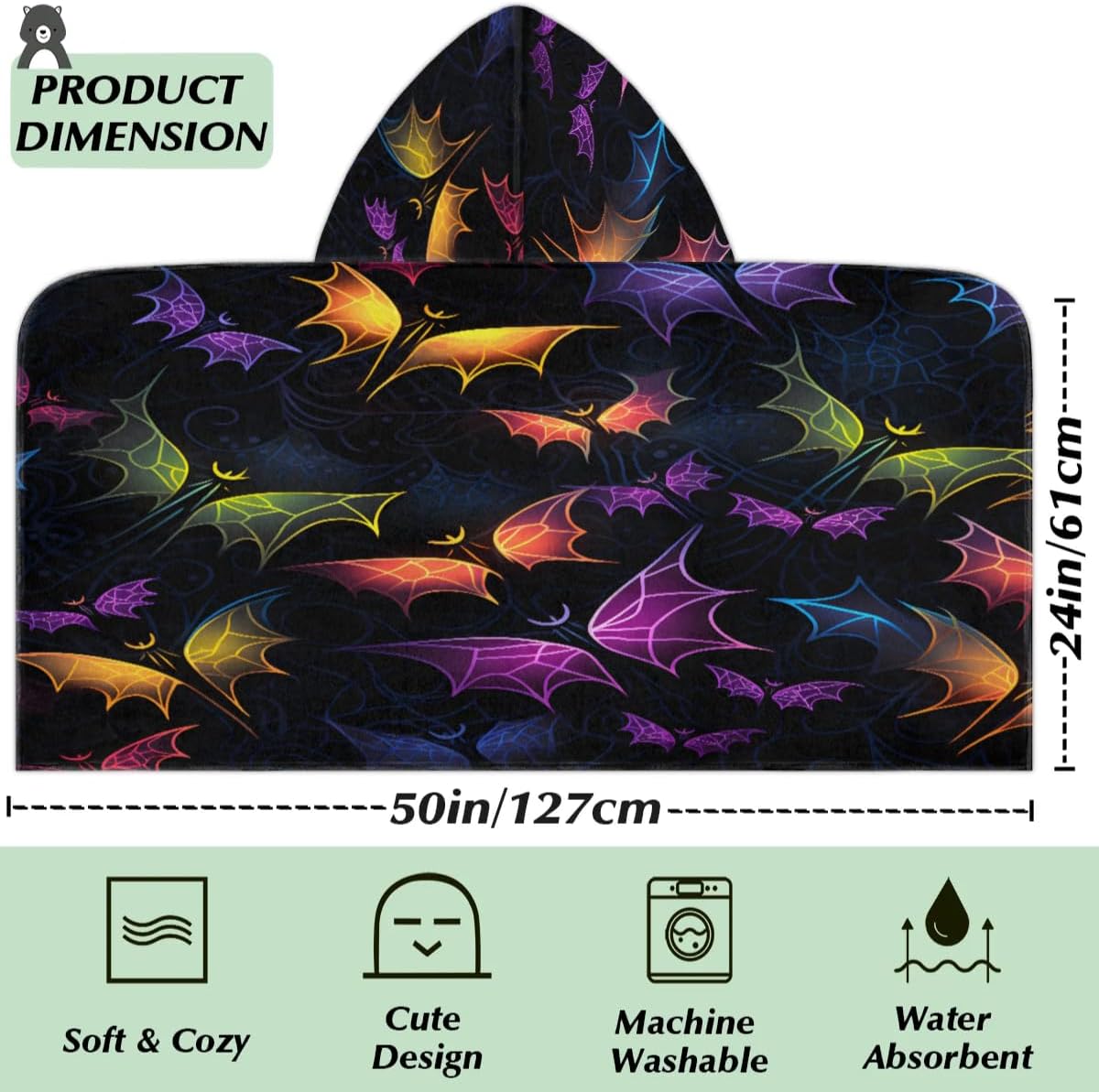 Pardick Watercolor Bats Kids Bath Towel Beach Towel with Hood Pool Cover Up for Girls Boys Soft Absorbent Hooded Bath Towel Toddler Towels for Beach, Pool