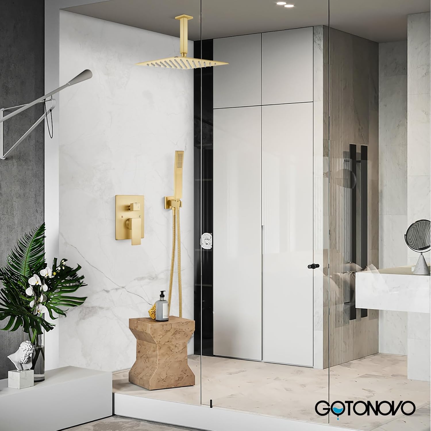 gotonovo Ceiling Mount Shower System Bathroom Shower Faucet Set Rain Showerhead with Handheld Spray Combo High Pressure Shower Trim Kit with Valve 12 inch Showerhead Brushed Gold