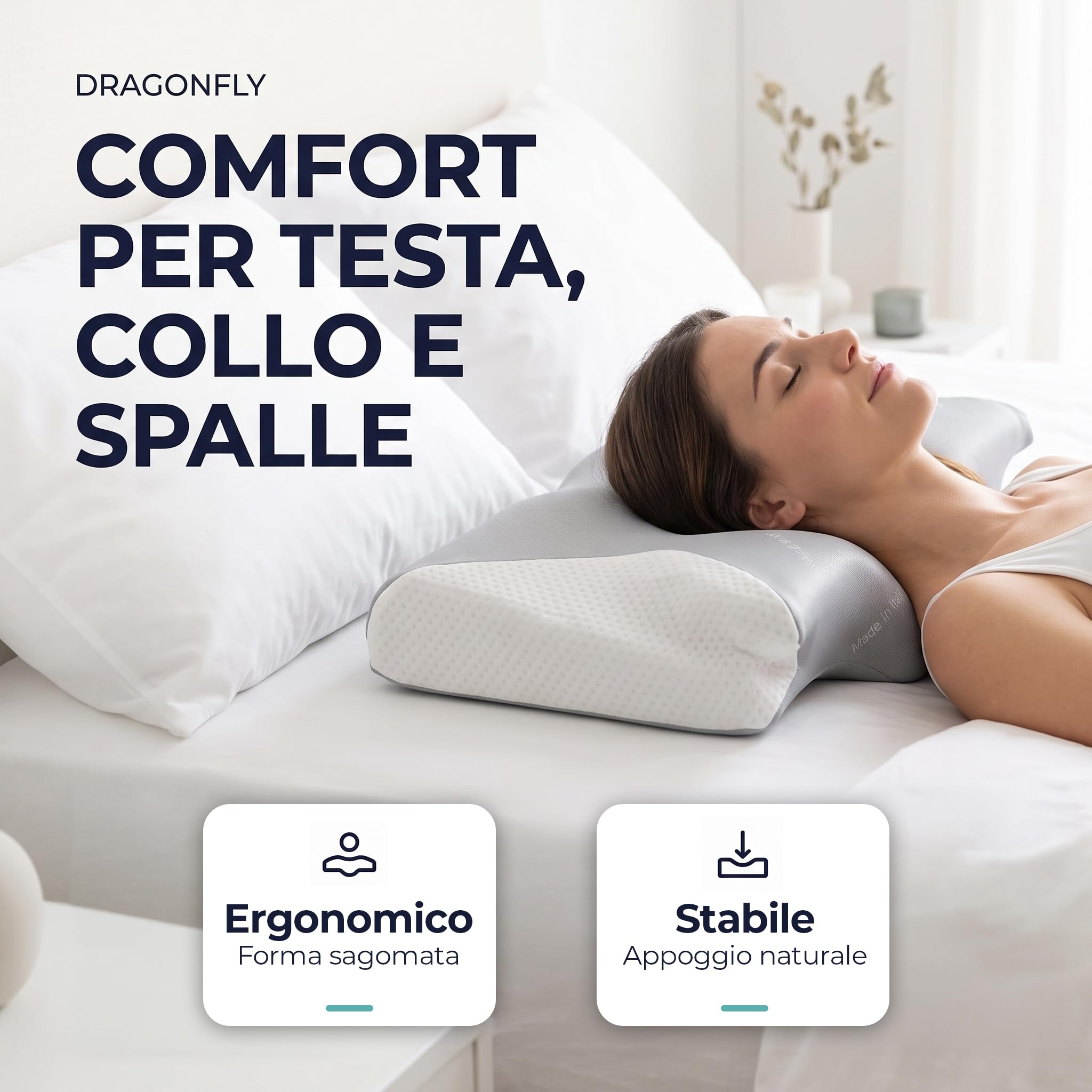Cuscino Cervicale per Dormire - in Memory Foam Anatomico | Guanciale Ergonomico Dragonfly 40x60x13 cm con Federa Sfoderabile | Supporto per Testa Collo e Spalle | Made in Italy - Premium GALEONE