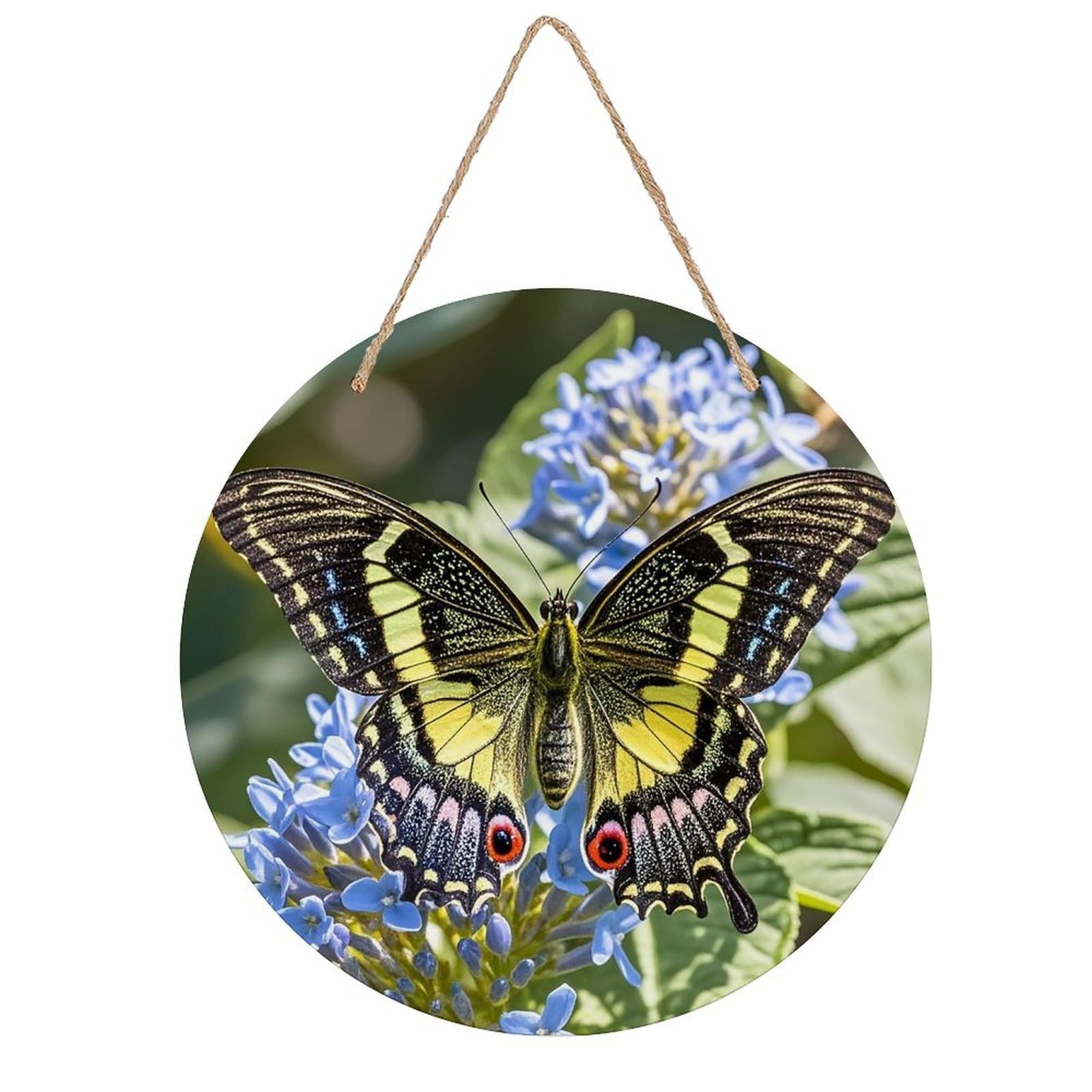 FekiLoot Round Nice Butterfly Wall Art Decor Painting Wooden Hanging Sign with Ropes Bohemian Wall Hanging Retro Mid Century Modern Wall Art for Home Bedroom Living Room 7.9x7.9 in