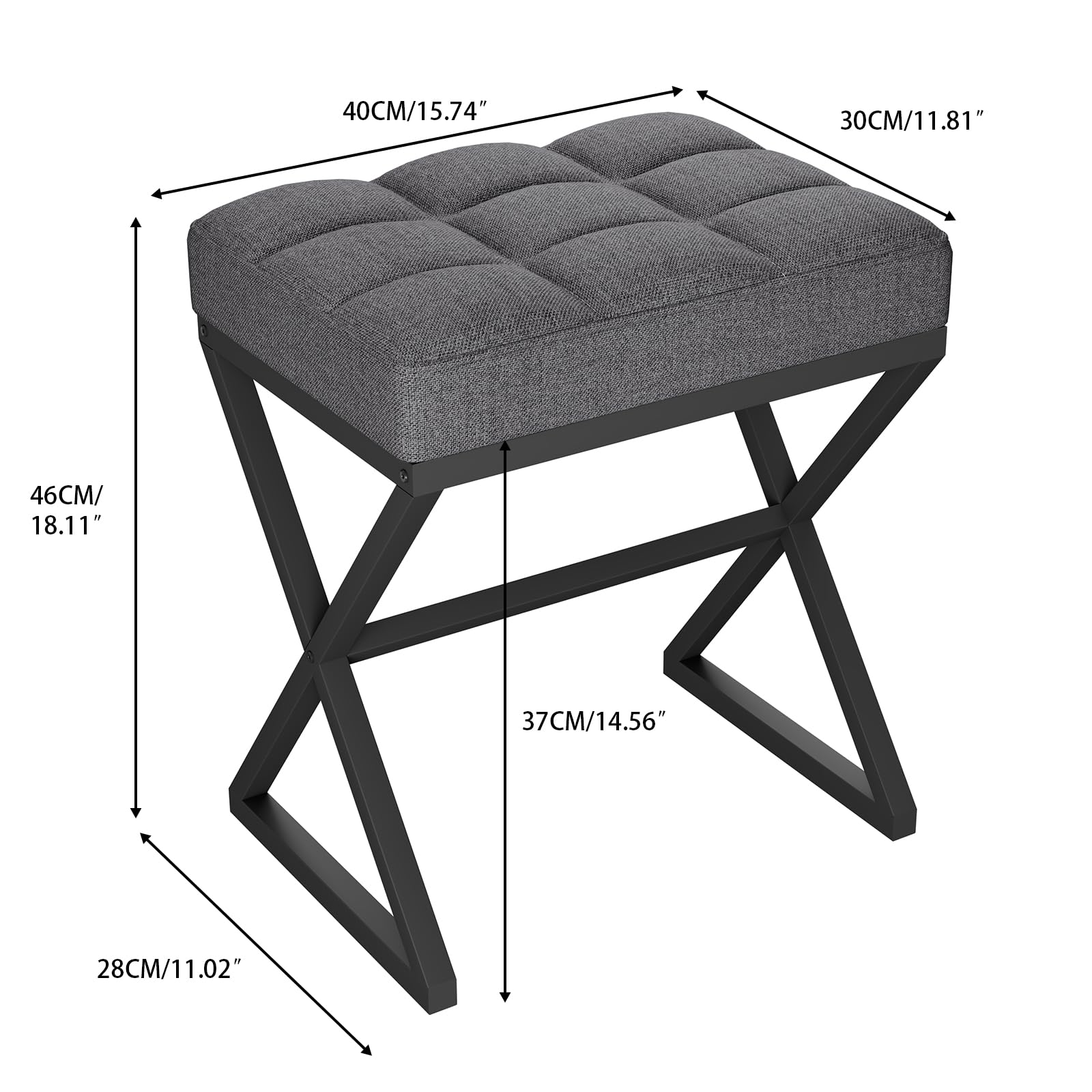 YMYNY Pouf Sgabello per Trucco, Poggiapiedi per Piedi, Sgabello con Seduta in Lino, Ottomano per Trucco con Gambe in Metallo a Forma di X', per Vanità Soggiorno Ingresso 40×30×46CM Grigio HBD033G
