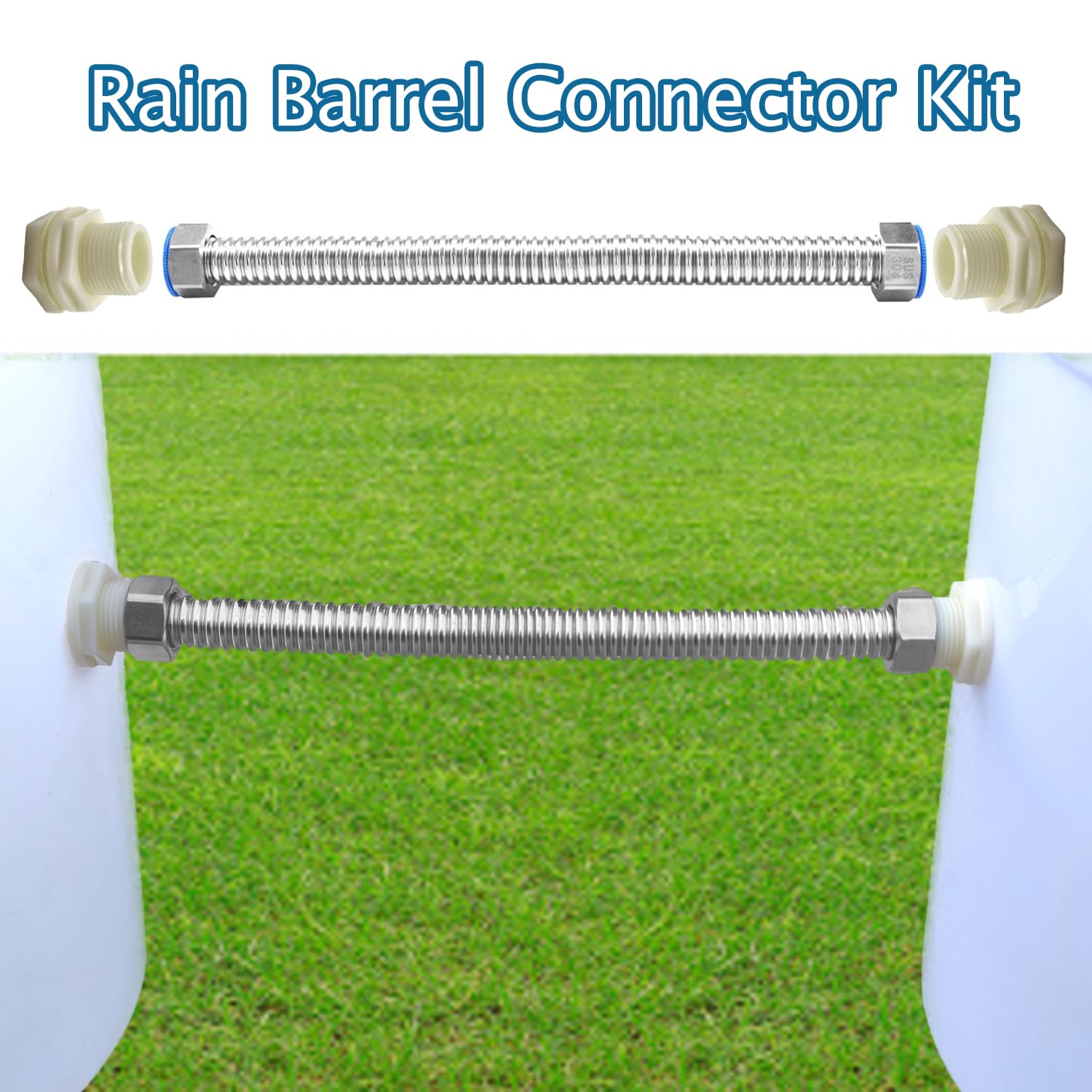 Juego de 2 conectores de barril de lluvia, kit de conector de barril de lluvia con manguera de acero inoxidable 304 de 12 pulgadas, accesorios de mamparo de 3/4 pulgadas con tapones y sierra