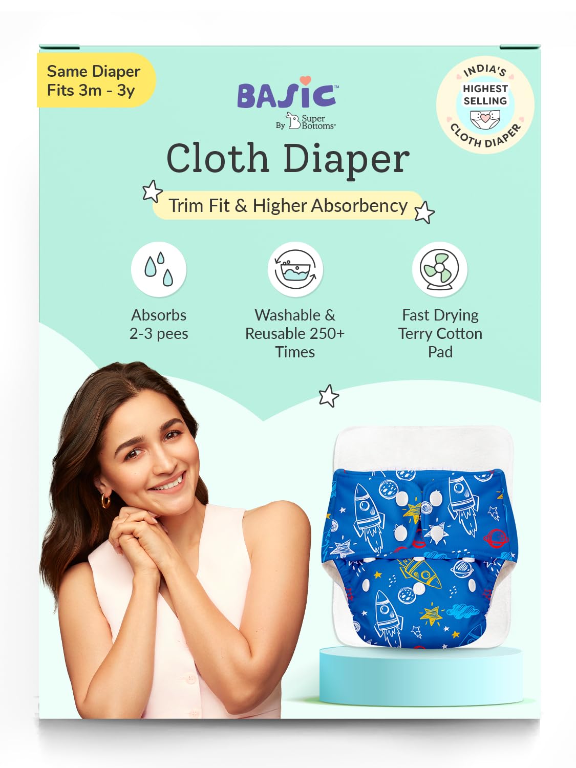 SuperBottoms BASIC Reusable Cloth Diaper for babies 0-3 Years | Freesize Adjustable, and Reusable Cloth Diaper for babies | NEW Quick Dry UltraThin pads | Dries 2times faster | Space-picture-37