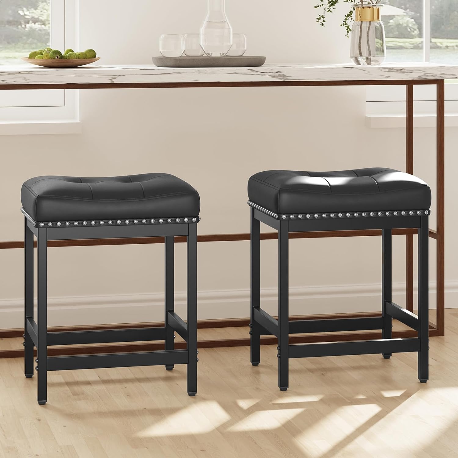 Saddle Bar Stools Set of 2, 24 Inch Counter Height Backless Barstools - PU Leather Cushioned Seat, Metal Base & Footrest, Kitchen Island Breakfast Bar Chairs, Modern Black