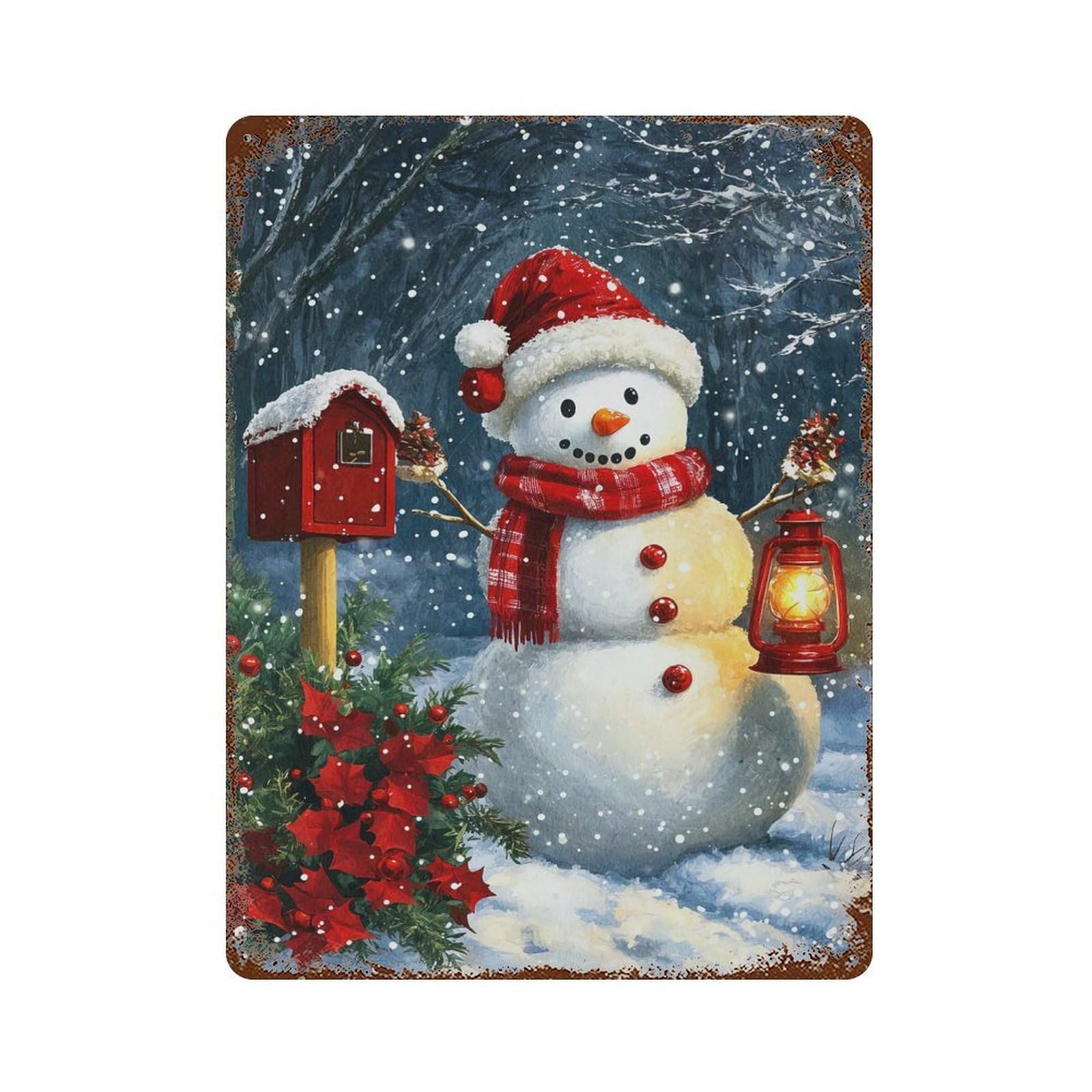 Garage Style Snowman Lantern Rustic Tin Plaque 15.7"x11.8", Classic Wall Plaque for Bar And Workshop