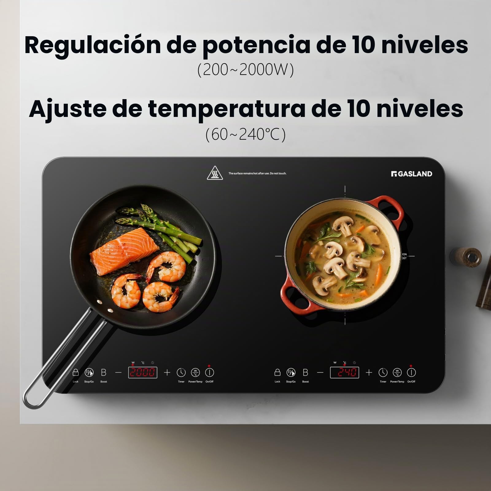 GASLAND IH582BTA Placa de inducción doble, 58 cm, 3500W Placa de inducción portátil con 2 zonas, control táctil, 10 niveles de temperatura, 10 niveles de potencia, ahorro de energía