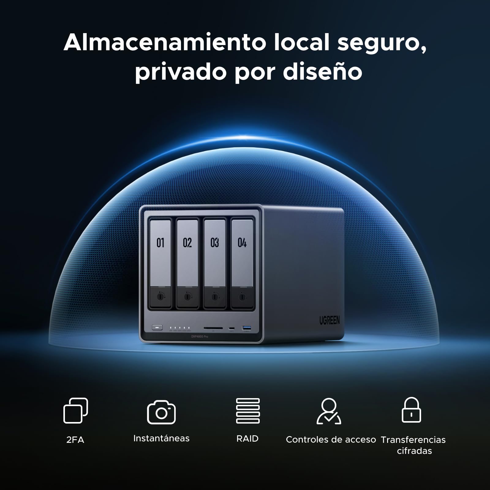 UGREEN NASync DXP4800 Pro NAS de Escritorio 4 bahías, CPU Intel i3-1315U (6 núcleos), 8GB DDR5 (hasta 96GB), 128G SSD, 1x10GbE, 1x2,5GbE, 2 Ranuras M.2 NVMe, HDMI 4K (sin Discos)
