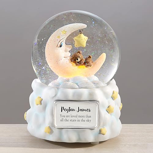 Personalization Universe Moon and Stars - Globo de nieve personalizado con luz LED, nombre y mensaje personalizados, reproduce "Jesus Loves Me",