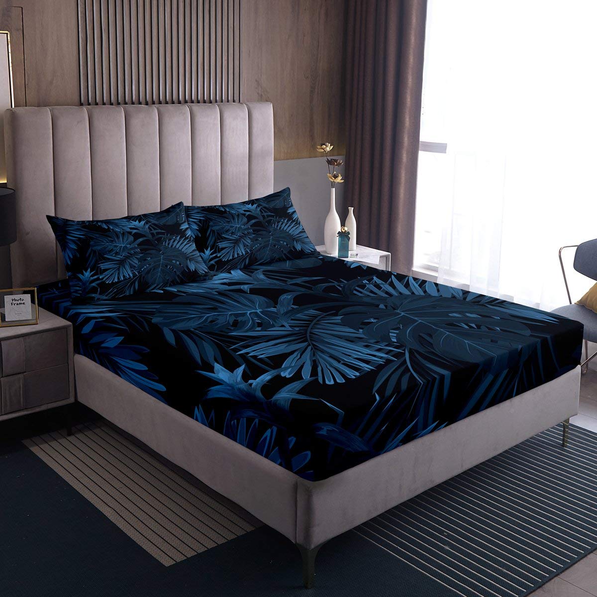 Parure de lit 3 pièces bleu roi motif branche végétale drap-housse très grand lit
