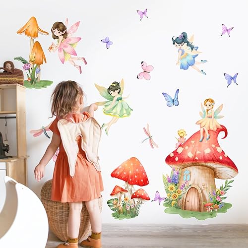 Miniatura 10 de Supzone Calcomanías de pared de hada de flores, calcomanías de pared de mariposa para niña, vinilo extraíble para niñas, bebé, guardería,