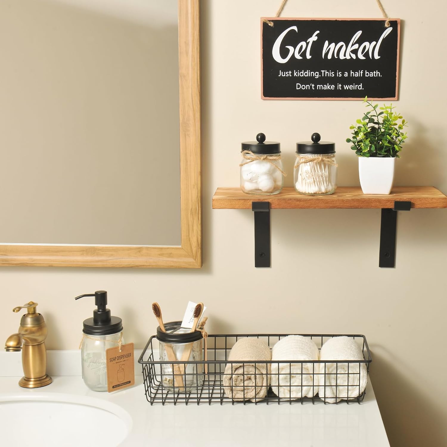 SheeChung Mason Jar Soap Dispenser Toothbrush Holder Set & Floating Shelves Mason Jars Bathroom Set