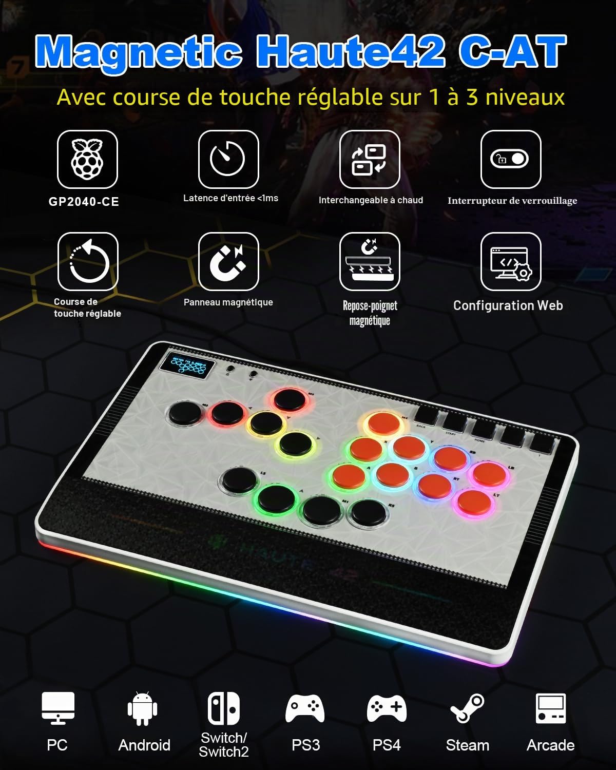 Haute42 C-AT Bâton d'arcade sans levier pour PC/PS3/PS4/Switch Game, contrôleur d'arcade avec câble de sécurité et support Turbo Swap et SOCD Blanc