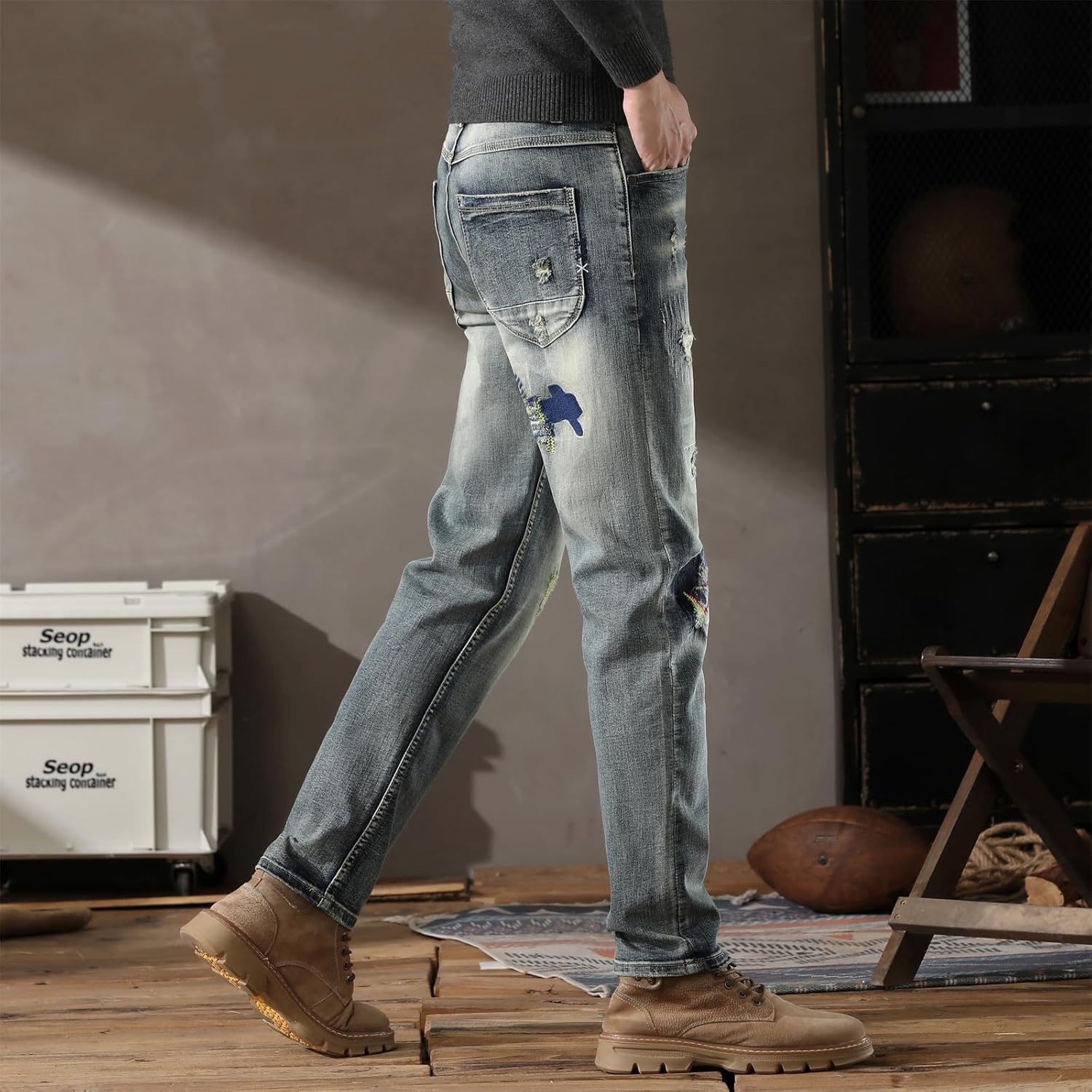 Men's Hip Hop Ripped Straight Distressed Embroidery Ripped Denim Slim Fit Straight Leg Biker Jeans - Image 4