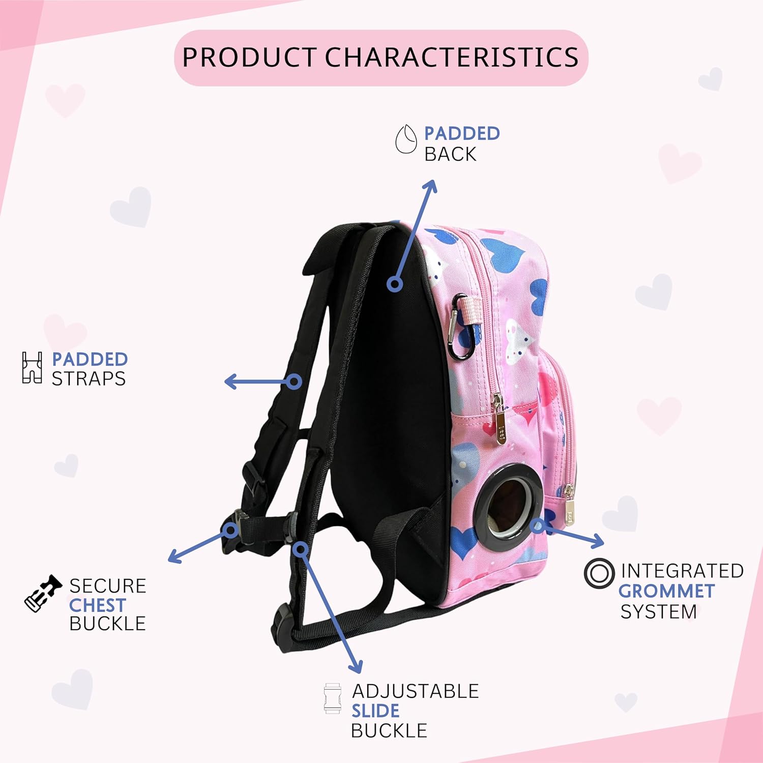 Junie Feeding Tube Backpack for Kids Enteral Feeding Pumps (EnteraLite Infinity and Kangaroo Joey), G Tube, J Tube, GJ Tube, PEG Tube Bag fits 500mL to 1L Capacity Bags (Hearts)