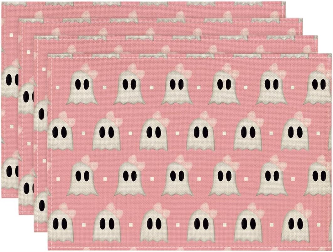 Artoid Mode Pink Stripes Ghost Halloween Placemats Set of 4-12 x 18 Inch