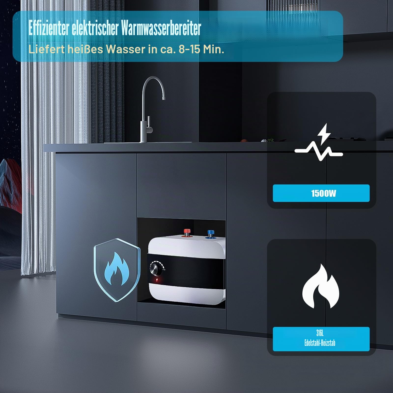6L Untertischboiler Druckfester Warmwasserspeicher, 1500w Boiler Untertisch 30-65°C Einstellbare Temperatur Boiler, Untertischboiler mit Wärmeschutzzustand für Küchen, Badezimmer